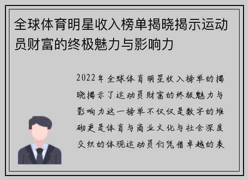 全球体育明星收入榜单揭晓揭示运动员财富的终极魅力与影响力