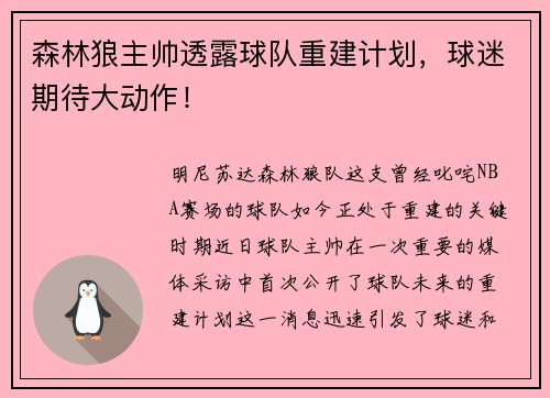 森林狼主帅透露球队重建计划，球迷期待大动作！